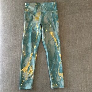 Old Navy Active Girls Turquoise and Gold Foil Marble Powersoft Leggings M (8)